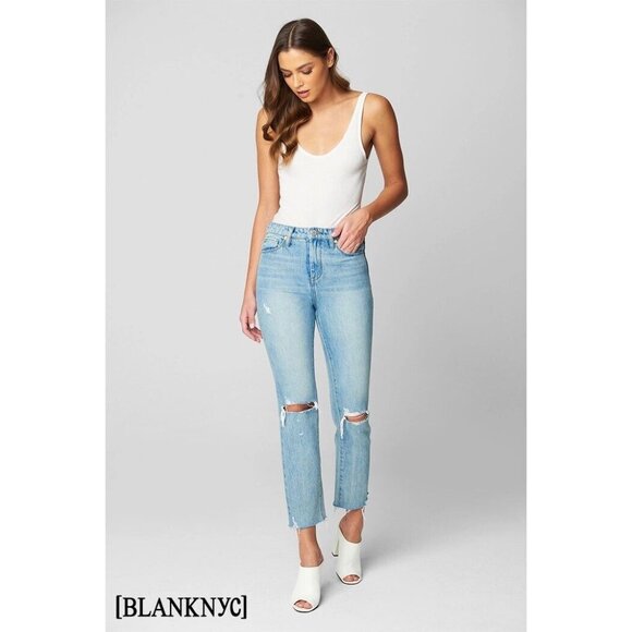 BlankNYC Jeans Madison Crop Blue Distressed Denim Raw Hem - Picture 1 of 12